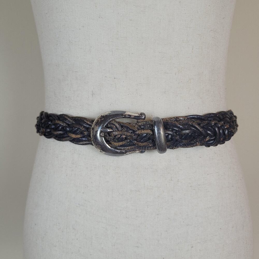 Black Leather Belt Small Braided Woven Plaited Waist Boho Western Rustic 90s